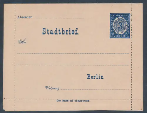Privatpost, 3 Pf. Ganzsache-Brief Berliner Packetfahrt ungebraucht.
