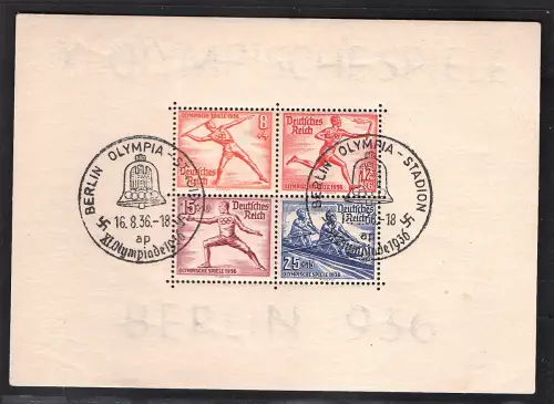 DR, XI. Olympische Spiele Berlin 1936, Mi.-Nr. Block 6 z, gestempelt.