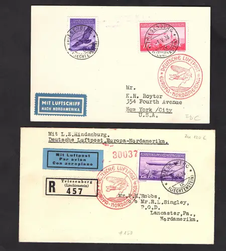 Liechtenstein Mi.-Nr. 149 + 150 auf Zeppelin Brief/Karte LZ 129.