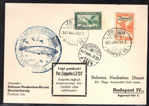 Zeppelin-Karte, Ungarnfahrt  1931 mit Mi.-Nr. 478. u.a.