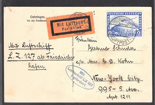 Zeppelin-Brief  LZ 127 mit EF. Mi.-Nr. 423 nach New York gelaufen.
