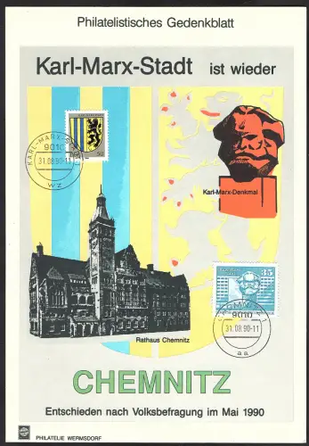 DDR - Gedenkblatt Karl-Marx-Stadt ist wieder Chemnitz., B34-1990 b