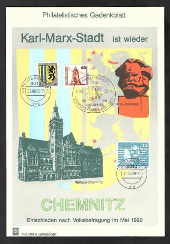 DDR - Gedenkblatt Karl-Marx-Stadt ist wieder Chemnitz., B34-1990 a