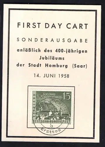 Saar  Gedenkblatt /FDC. 400 jährige Jubiläums der Stadt Homburg Mi.-Nr. 436