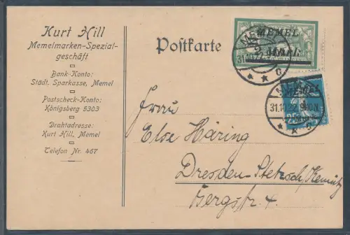 Memel Mi.F. Mi.-Nr. 86 + 88 auf  Fernkarte