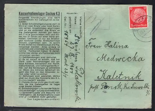 DR. KZ.-Brief aus Dachau nach Kaletnik Polen.