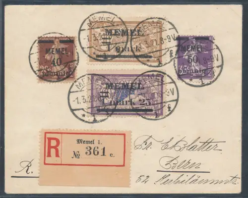 Memel Mi.F. Mi.-Nr. 22, 23, 26, 27 als R.-Auslandbrief gelaufen.