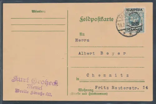 Memel EF. Mi.-Nr. 125 als Fernkarte gelaufen.