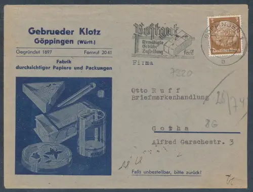 DR., Reklamebrief  Papiere und Packungen Geb. Klotz Göppingen.