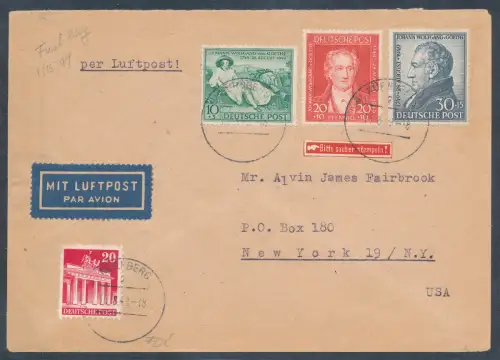  Bizone Goethe Mi.-Nr. 108-110 auf Ausland-Luftpostbrief/FDC.