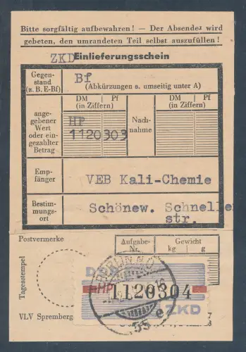 DDR. ZKD-Brief, EF. Mi.-Nr. 28 HP auf Einlieferungsschein.
