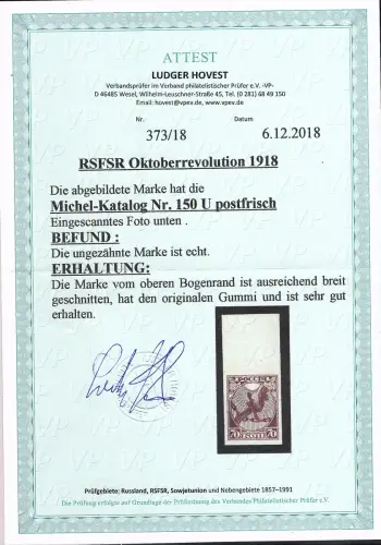 Russland, Oktoberrevolution 1918, Mi.-Nr. 150 U OR., postfrisch, FA. Hovest