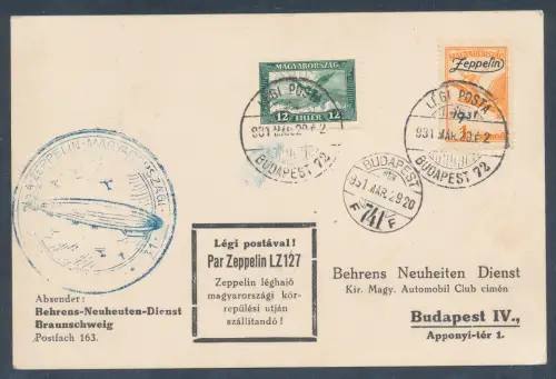 Zeppelin-Karte, Ungarnfahrt  1931 mit Mi.-Nr. 478. u.a.