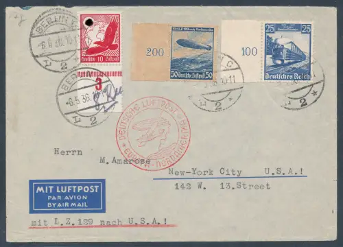 Zeppelin-Brief Nordamerikafahrt  mit  DR. Mi.-Nr. 530 + 582 + 607