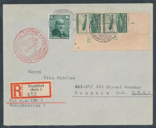 Zeppelin-Brief Nordamerikafahrt  mit  DR. Mi.-Nr. 604 + 607.