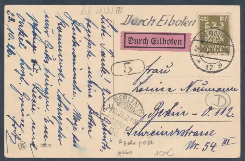 DR.,  EF. Mi.-Nr. 360 als Eilbote-Ortskarte/Rohrposr gelaufen.