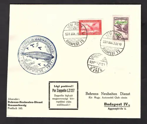 Zeppelin-Brief, Ungarnfahrt  1931 mit Mi.-Nr. 479. u.a.