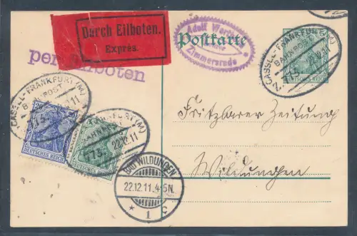 DR., Ganzsache Mi.-Nr. P90 u.a. als Eilbote-Fernkarte mit Bahnpost gelaufen.