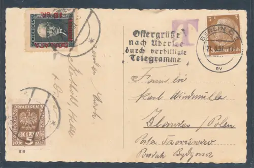 DR. Mi.-Nr. 513 als Auslandkarte nach Polen unterfrankiert gelaufen mit TAX.