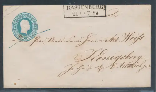 AD. Preusse Ganzsache Mi.-Nr. U 9 glaufen von Rastenburg  nach Königsberg.
