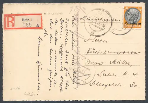 Dt.Besetzung 2.Weltkrieg, Lothringen, Mi.-Nr 1-16 auf R.-Karten gelaufen.