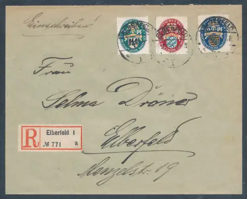 DR. R.-Satzbrief Mi.-Nr. 375 - 377, portorichtig gelaufen.