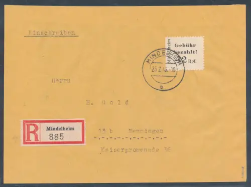 Deutsche Lokalausgaben Mindelheim EF.  Mi.-Nr. 2 A auf R.-Fernbrief.        