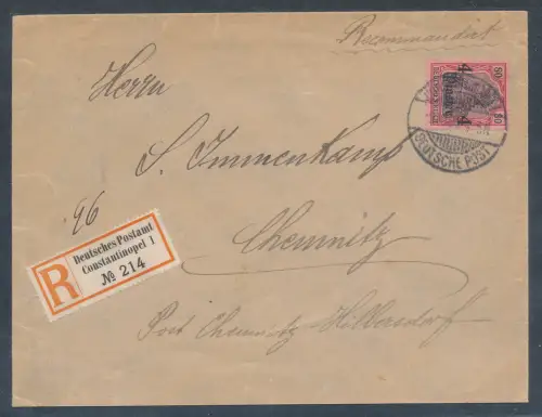 Deutsche Post in der Türkei, R.-Brief  von Constantinopel mit  EF.  Mi.-Nr. 19