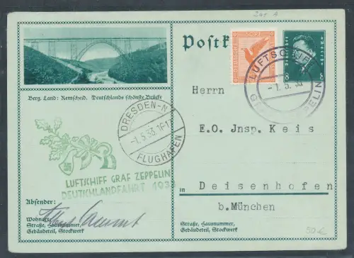 Zeppelin-Karte, Deutschlandfahrt 1933 Si. 201 A  mit  GS. P192  Bordpost.