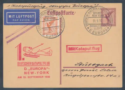Deutsche Katapultflug Europa - New York mit Mi.-Nr. 381 auf Gs.  P 168