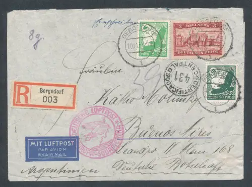 Zeppelin-Brief, Südamerikafahrt 1937 mit Mi.-Nr. 366 + 529 + 535