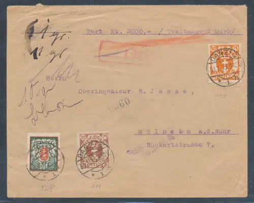 Danzig Wert-Brief mit Mi.F. Mi.-Nr. 110,111,128