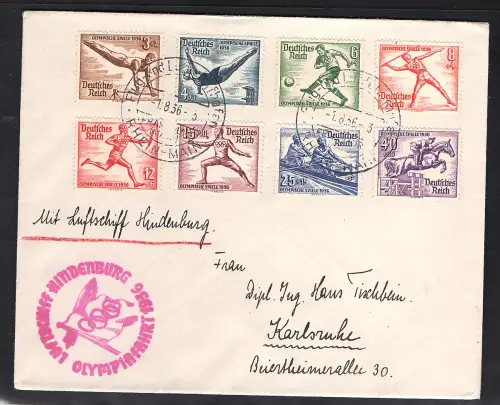 Zeppelin-Satz-Brief, Olympiafahrt  1936 Si. 427 Ba,  mit DR. Mi.-Nr. 609-616