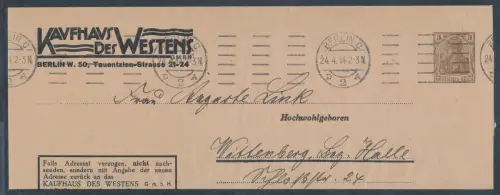 DR.  3Pf. Germania Streifband mit Werbung von KaDeWe Berlin.