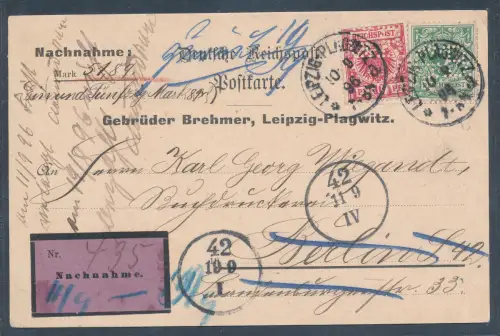 DR. NN.-Karte Gebr. Brehmer, Leipzig mit Mi.-Nr. 46 + 47,  Marken mit Perfin