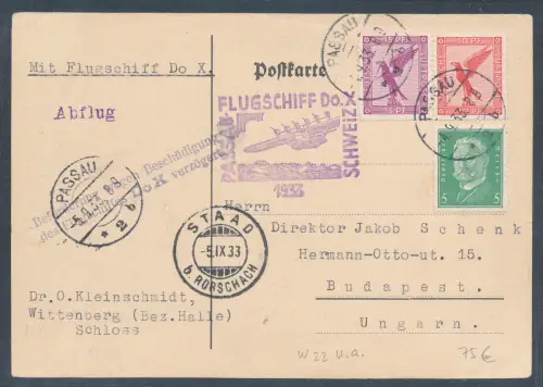 DR. Flugschiff DOX. Passau-Schweiz mit Mi.-Nr. W 22 u.a.