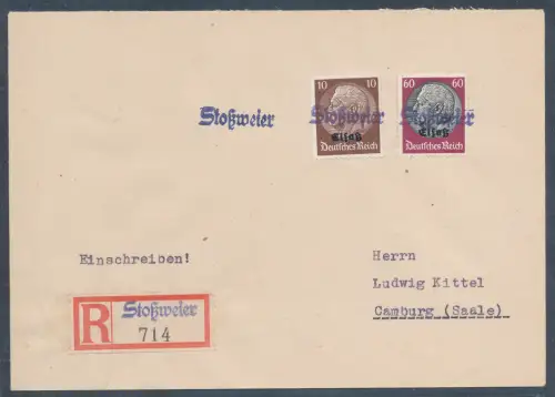 Dt. Besetzung 2. WK., Elsaß, R.-Fernbrief Mi.F. Mi.-Nr. 6 + 14, mit Notstempel
