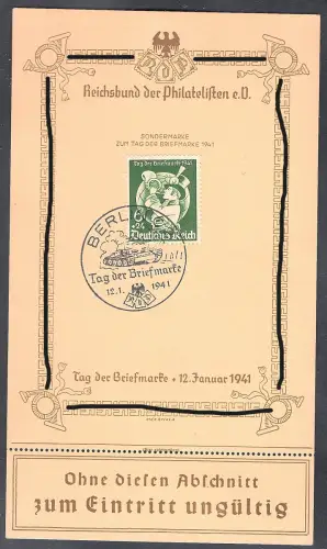 DR. Gedenkblatt Tag der Briefmarke 1941 mit Mi.-Nr. 762/FDC.