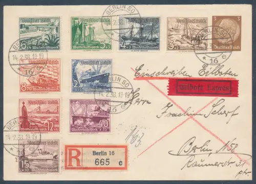 DR.  Satzbrief  Mi.-Nr. 651 - 659 auf Hindenburg Ganzsache gelaufen.