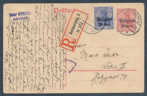 Dt. Besetzung 1. WK. Belgien Ganzsache Mi.-Nr. P2 u.a. als R.-Auslandkarte gel.