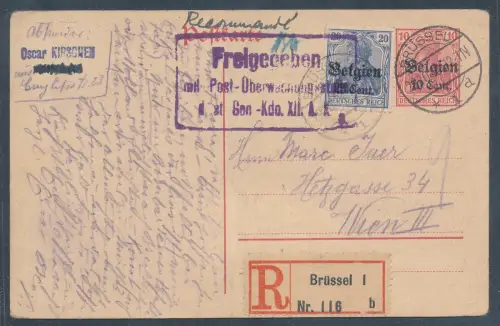 Dt. Besetzung 1. WK. Belgien Ganzsache Mi.-Nr. P2 u.a. als R.-Auslandkarte gel.