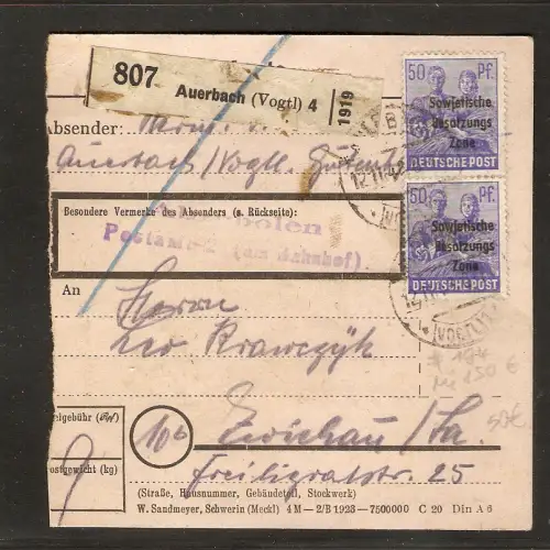 SBZ, Mi.-Nr. 194 MeF auf Paketkarte.