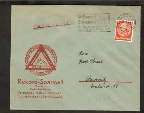 DR. Reklame-Brief, Rekord-Sparmalt,  Freudenstadt, Marke mit Perfin VF,
