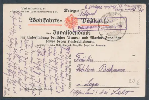 Deutsche Feldpost I WK. Feldpostkarte mit dem St.  Feldluftschiffer