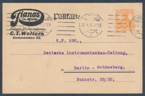 DR. Reklame-Karte Flügel-Harmoniums C.T. Wolters Hamburg.