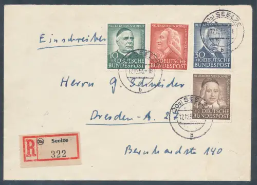 Bund, Mi.-Nr. 173-176 als R.-Satz-Fernbrief gelaufen mit Ak-St.