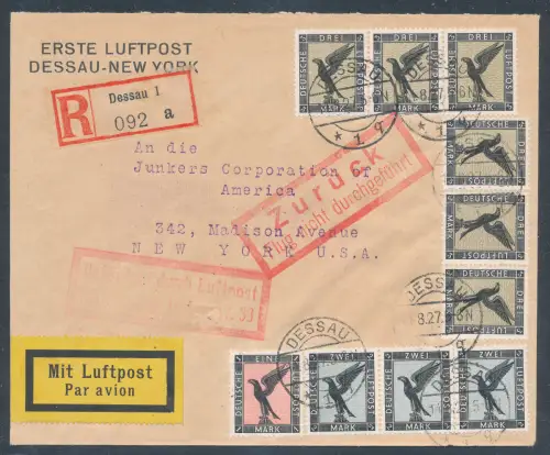 DR. Erste Luftpost Dessau - New York mit Mi.-Nr. 384 (6x) u.a.