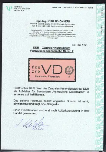 DDR. ZKD Mi.-Nr. VD 2 postfrisch mit FA. Schönherr