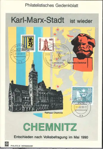 DDR - Gedenkblatt Karl-Marx-Stadt ist wieder Chemnitz., B34-1990 a