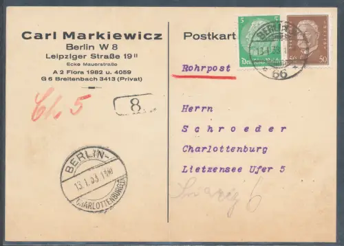 DR.  Rohrpostkarte von Berlin 66 nach Berlin Charlottenburg.